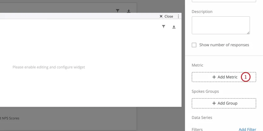 Facendo doppio clic sul widget, viene visualizzato il riquadro di modifica a destra; allinterno, il pulsante Aggiungi metrica