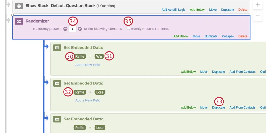 adding embedded data under the randomizer for the win and lose conditions