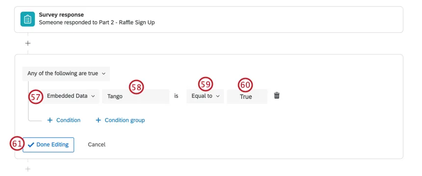 アクションエディターで "tango is equal to true "の条件を作成する。