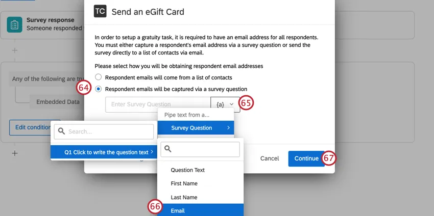 Auswählen der Umfrage, bei der E-Mails mithilfe des dynamischer Text erfasst werden