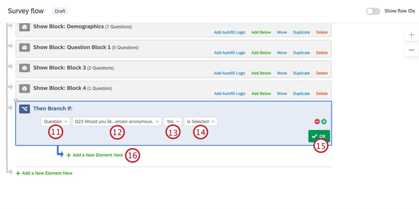 Erstellen einer Bedingung für die Verzweigung, wenn Umfrageteilnehmer die Zustimmungsfrage mit „Ja“ beantworten