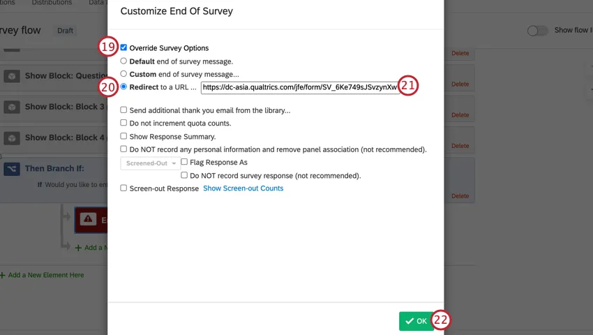 in survey options, adding a redirect url to the raffle