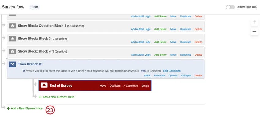 clicking add a new element here at the bottom of the survey flow