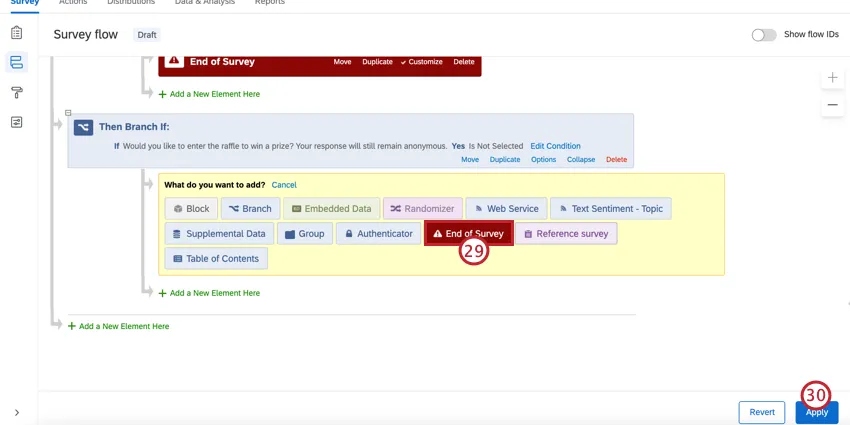 Seleccionando el fin de la encuesta