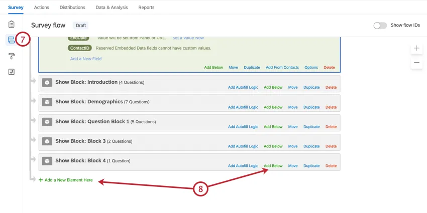 Navegar hasta el flujo de la encuesta y agregar un nuevo elemento