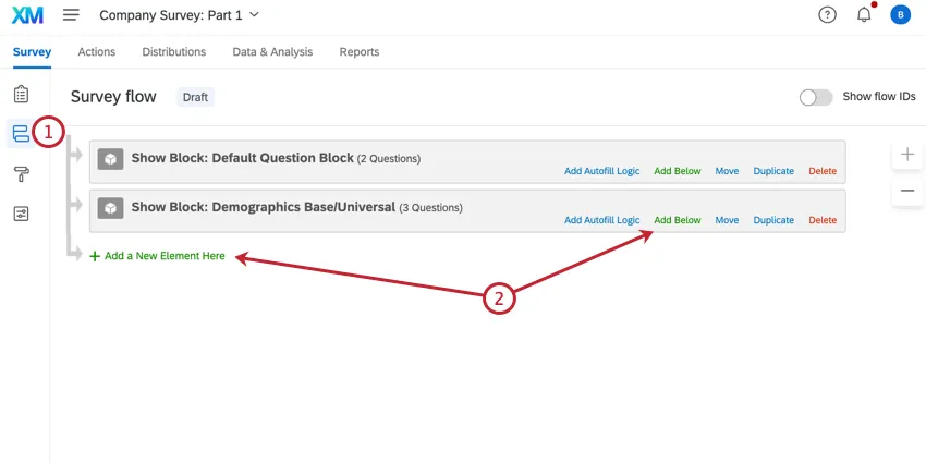 navigating to survey flow and clicking add a new element here