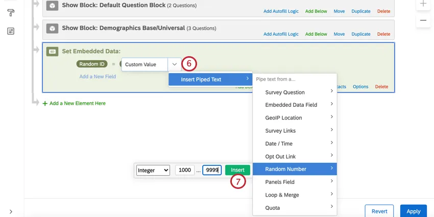 using the piped text menu to select random number, enter a range, and then click insert