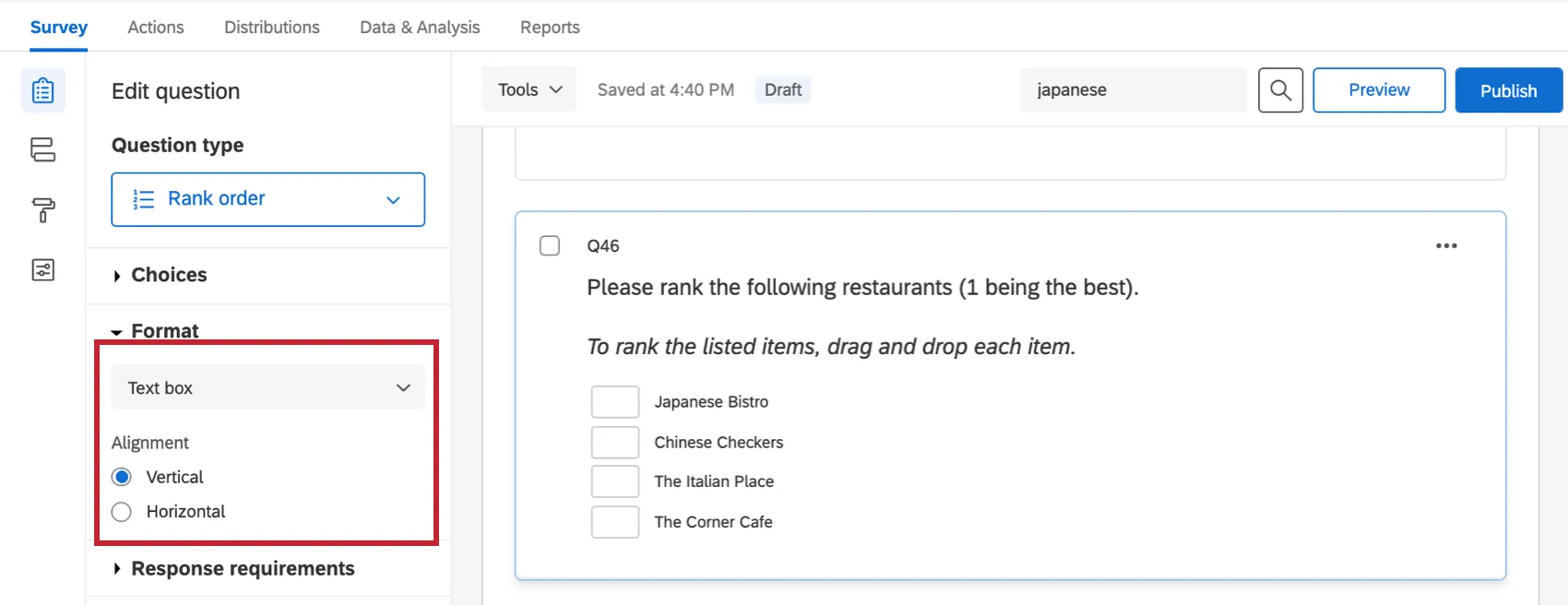 The question is set to text box, putting an empty text box next to each option that can be ranked