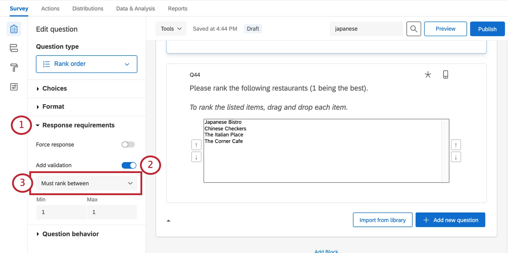 Validation set to Must Rank Between with boxes for the values that must be ranked between
