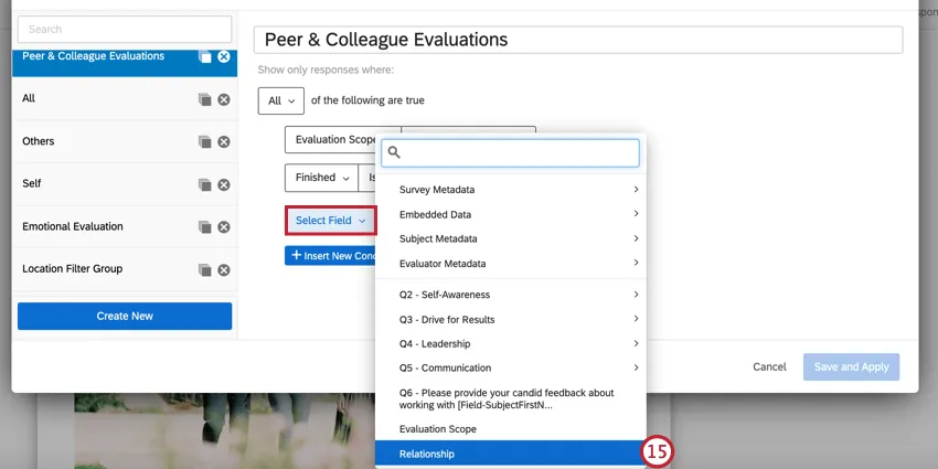choosing the relationship field for the rater group filter