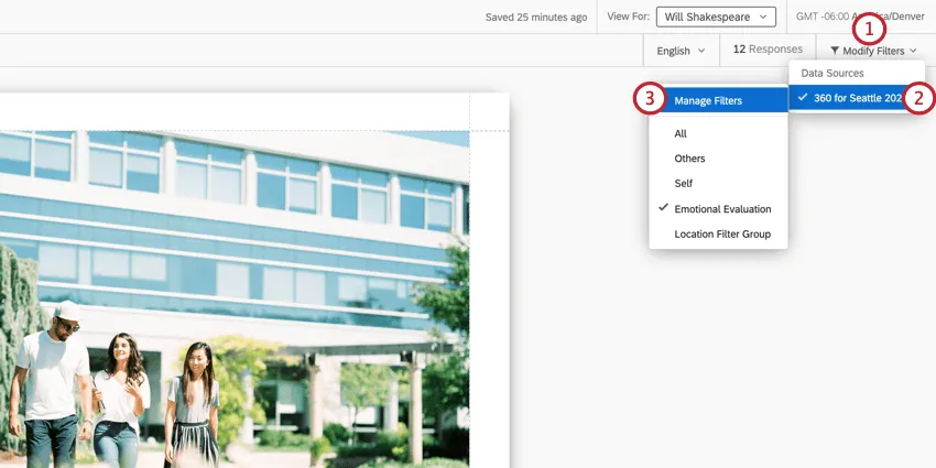Navigation zu „Filter verwalten“ durch Klicken auf die Filterdrucktaste oben rechts