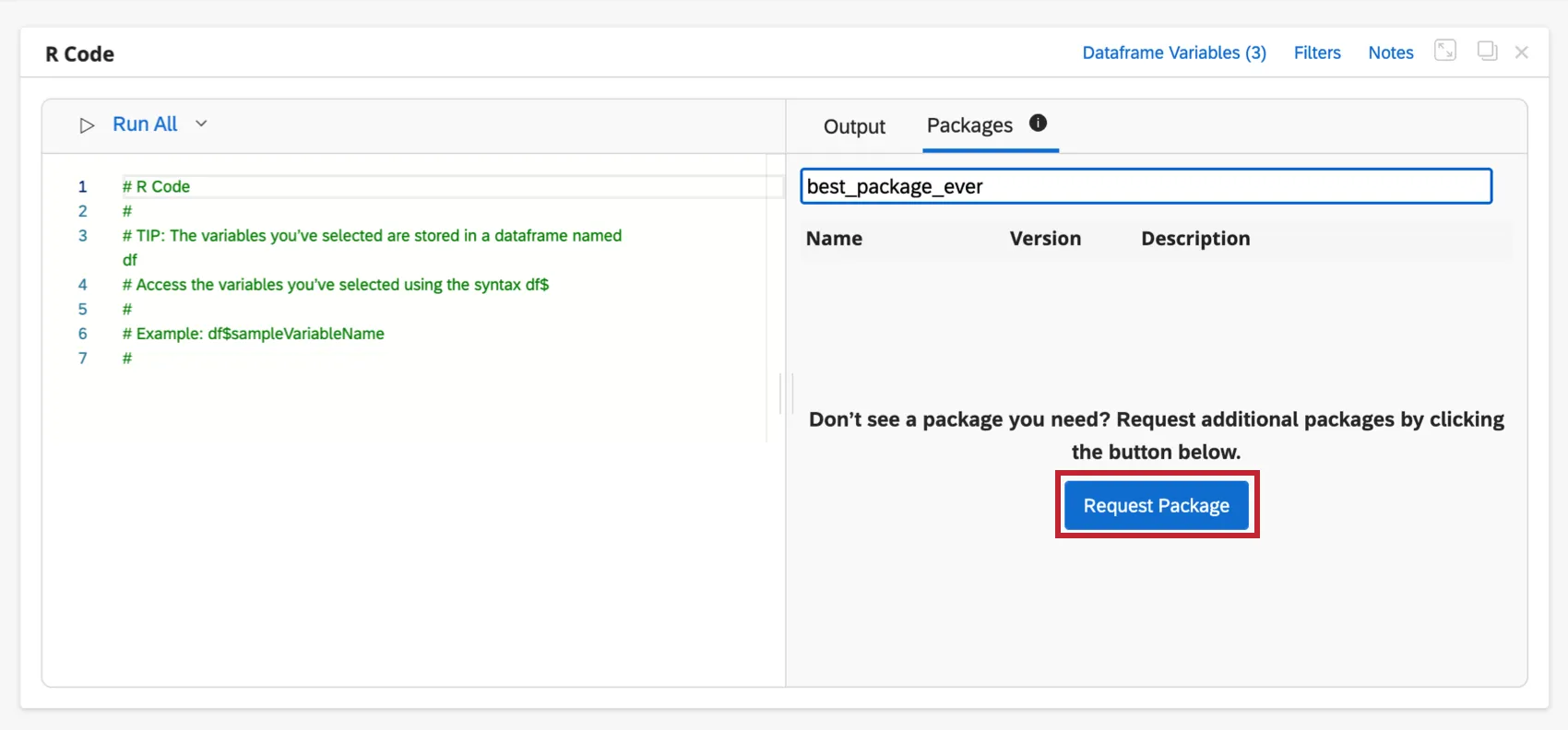 Image of no results search, and the button in the center for requesting packages