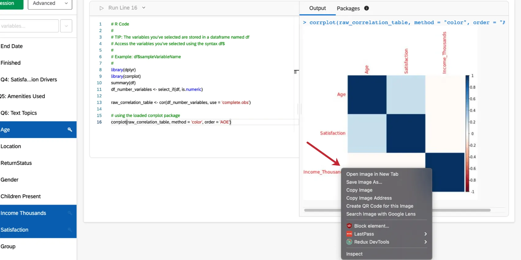 Image shows right-click options on a graph that was generated