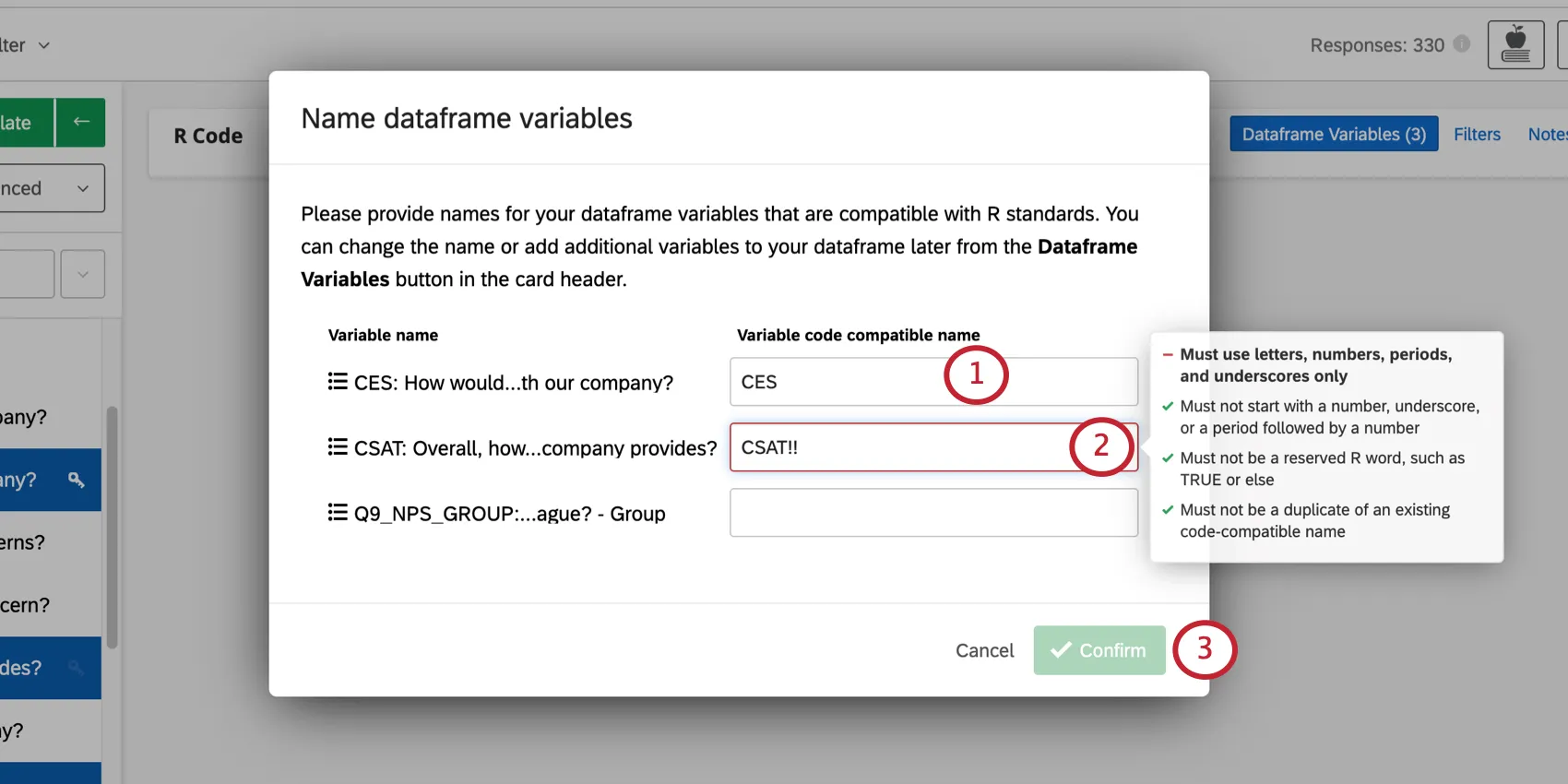 Imagen de modal que dice nombre de las variables del dataframe. Se muestra el nombre completo de cada variable, además de un campo donde puede decidir un nuevo nombre.