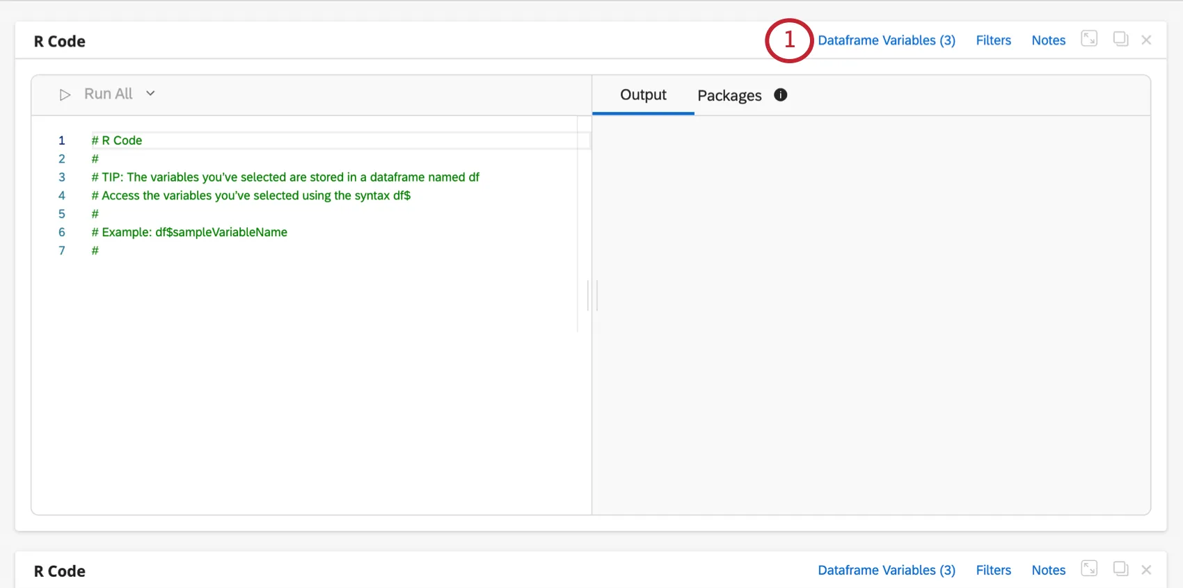 Imagen de una tarjeta de código R; esta captura de pantalla se centra en la parte superior derecha donde dice variables del marco de datos (3)