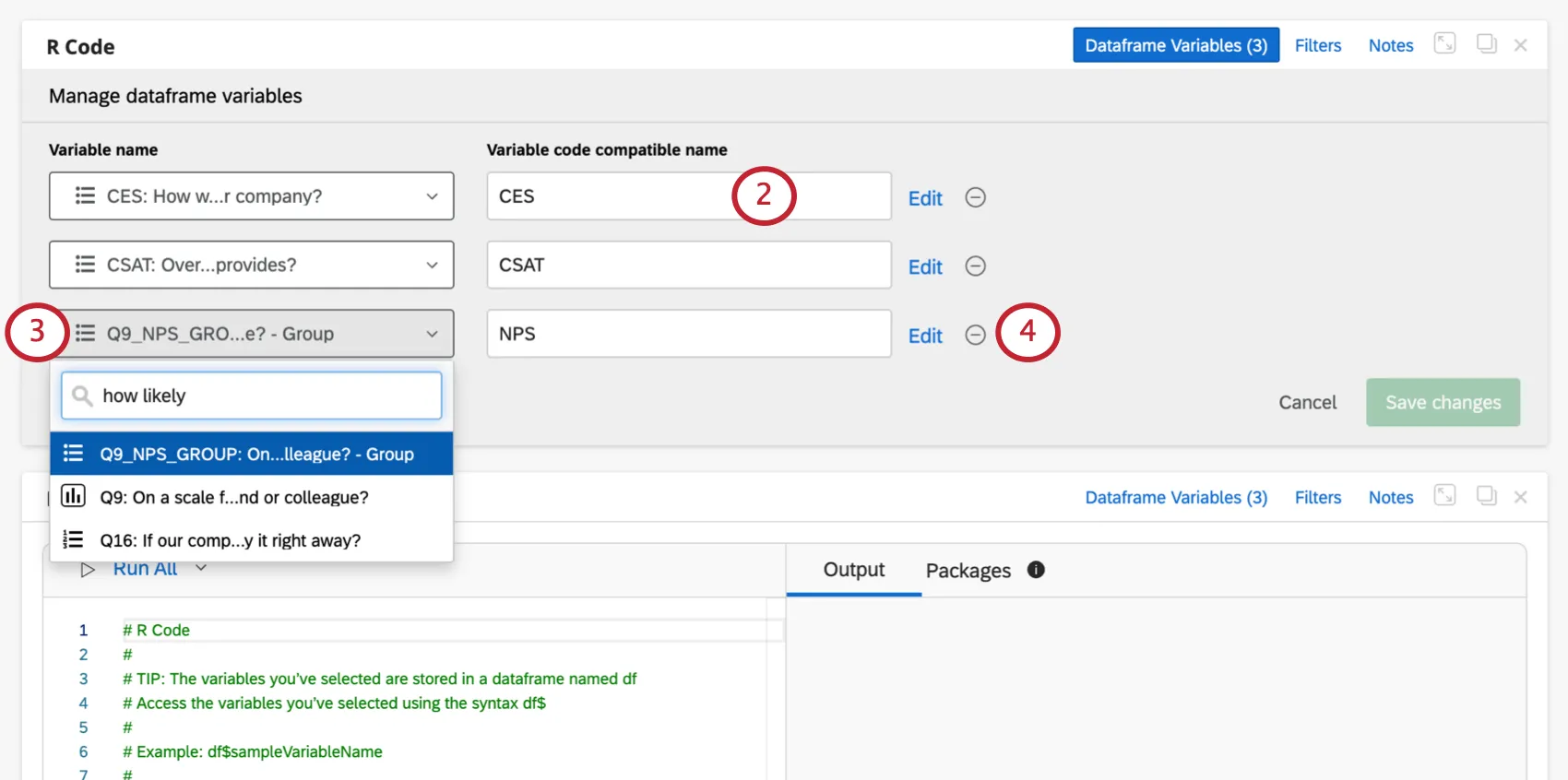 Image of R code card and how it has changed now that the button has been clicked. Left column with clickable variables says "variable name." Right column with open ended fields says "variable code compatible name."