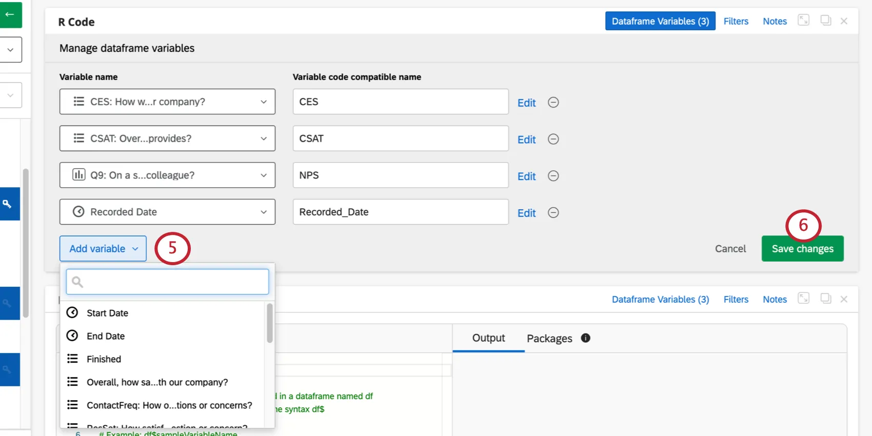 La captura de pantalla muestra cómo el menú desplegable Agregar variable se expande en una lista completa de datos de la encuesta