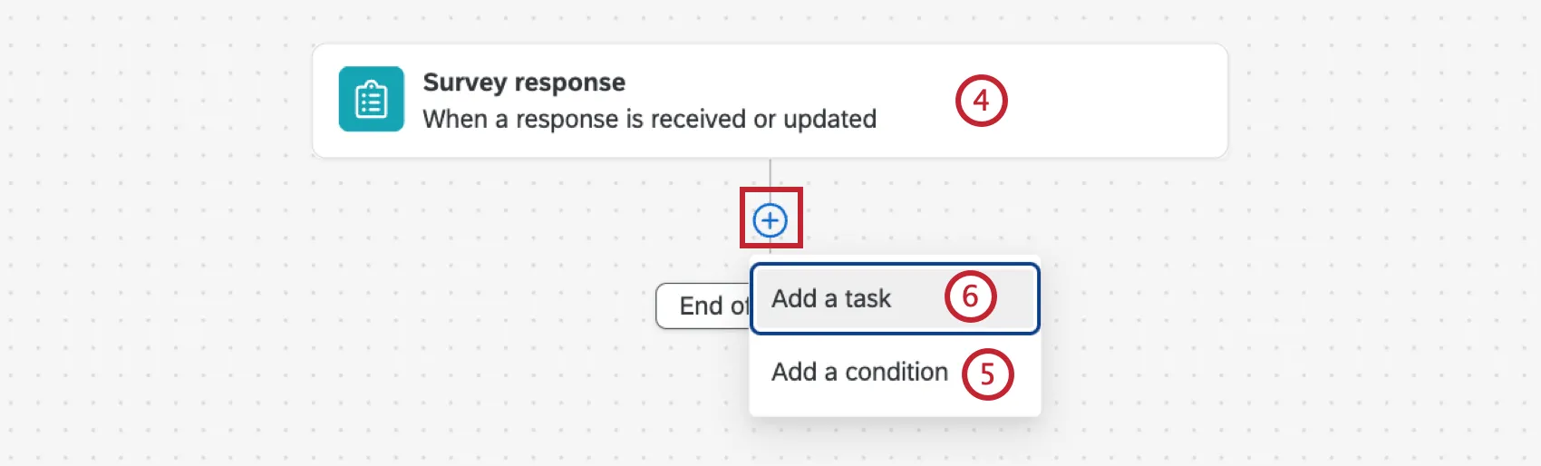 choosing the survey event, adding conditions, and choosing the task