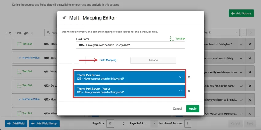 La pestaña Mapeo de campos tiene dos menús desplegables azules