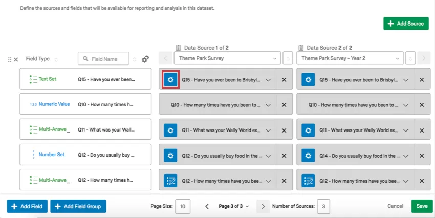 El engranaje azul sobresale en un campo mapeado en la configuración de datos