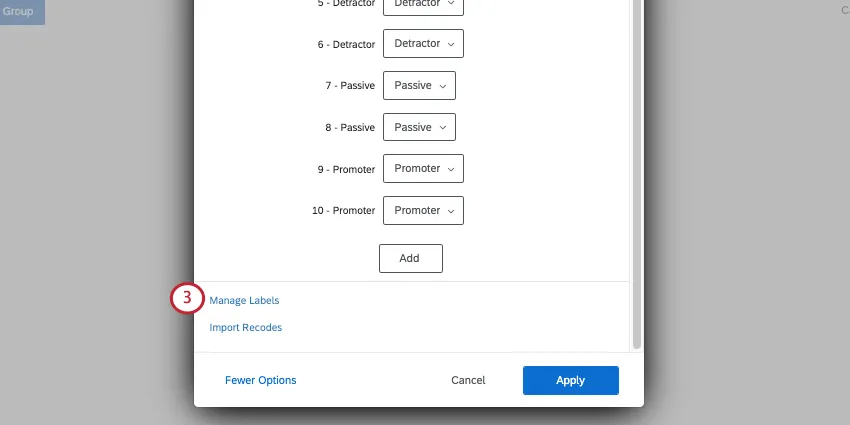 more optionsボタンはオプションが少なくなり、その上にmanage labelsを含む2つのオプションがある。