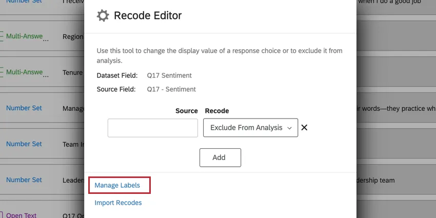 facendo clic su manager labels nella finestra di ricodifica