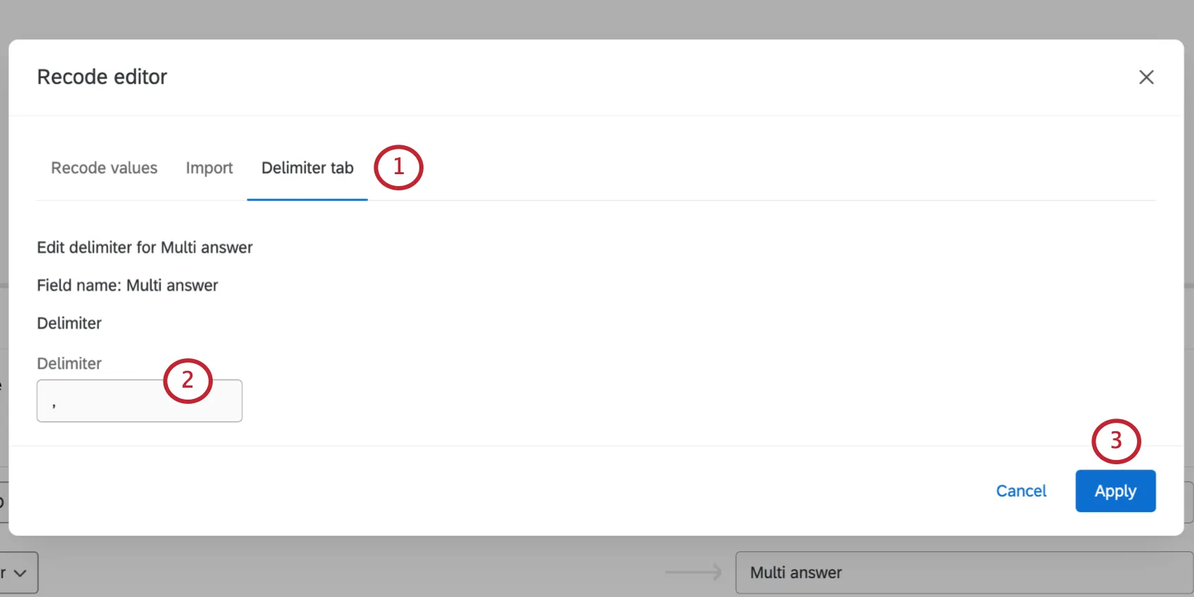 guia delimitador da janela do editor de recodificação
