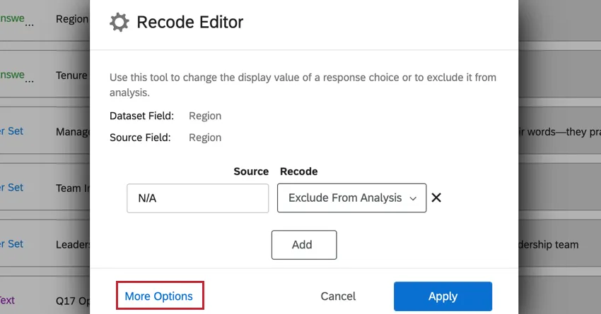 clicking more options in the recode window