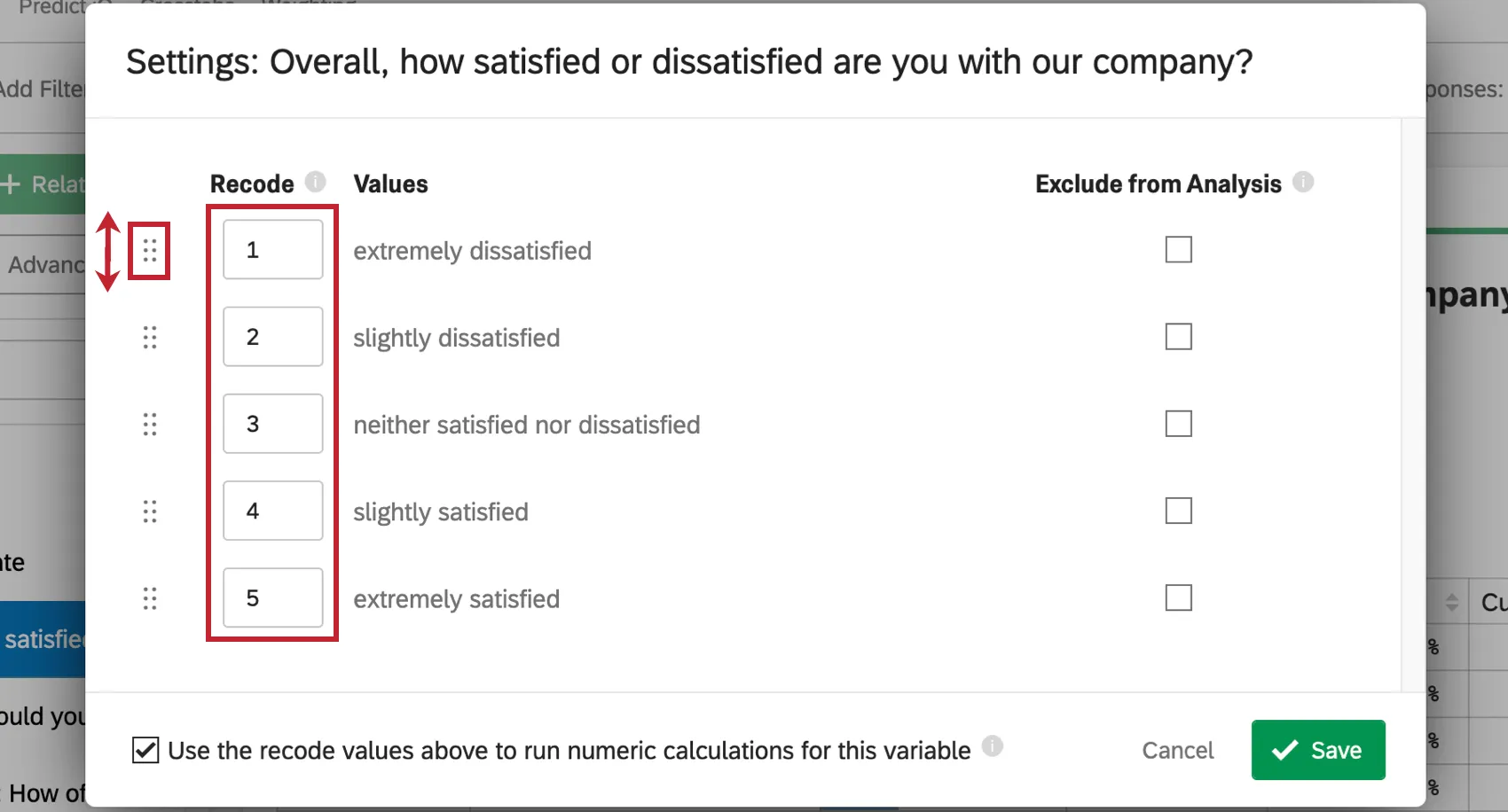 The recode editor. Each value gets a recode value and they can be rearranged by clicking and dragging to the left of a value