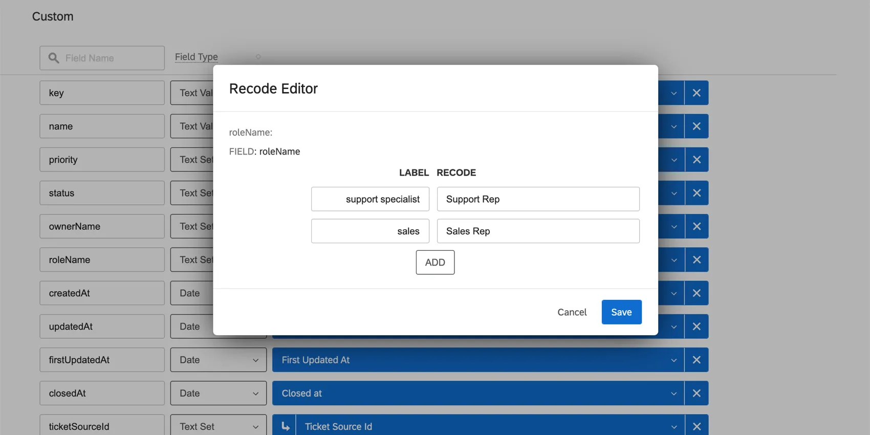 Window opens where you can define labels and how they should appear in the data mapper