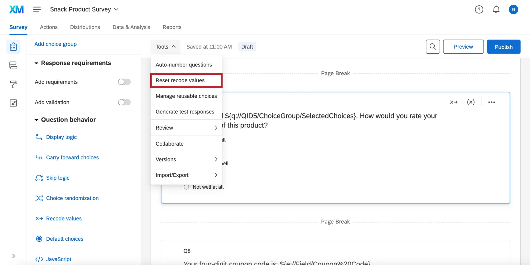 Reset recode values option in the Tools menu