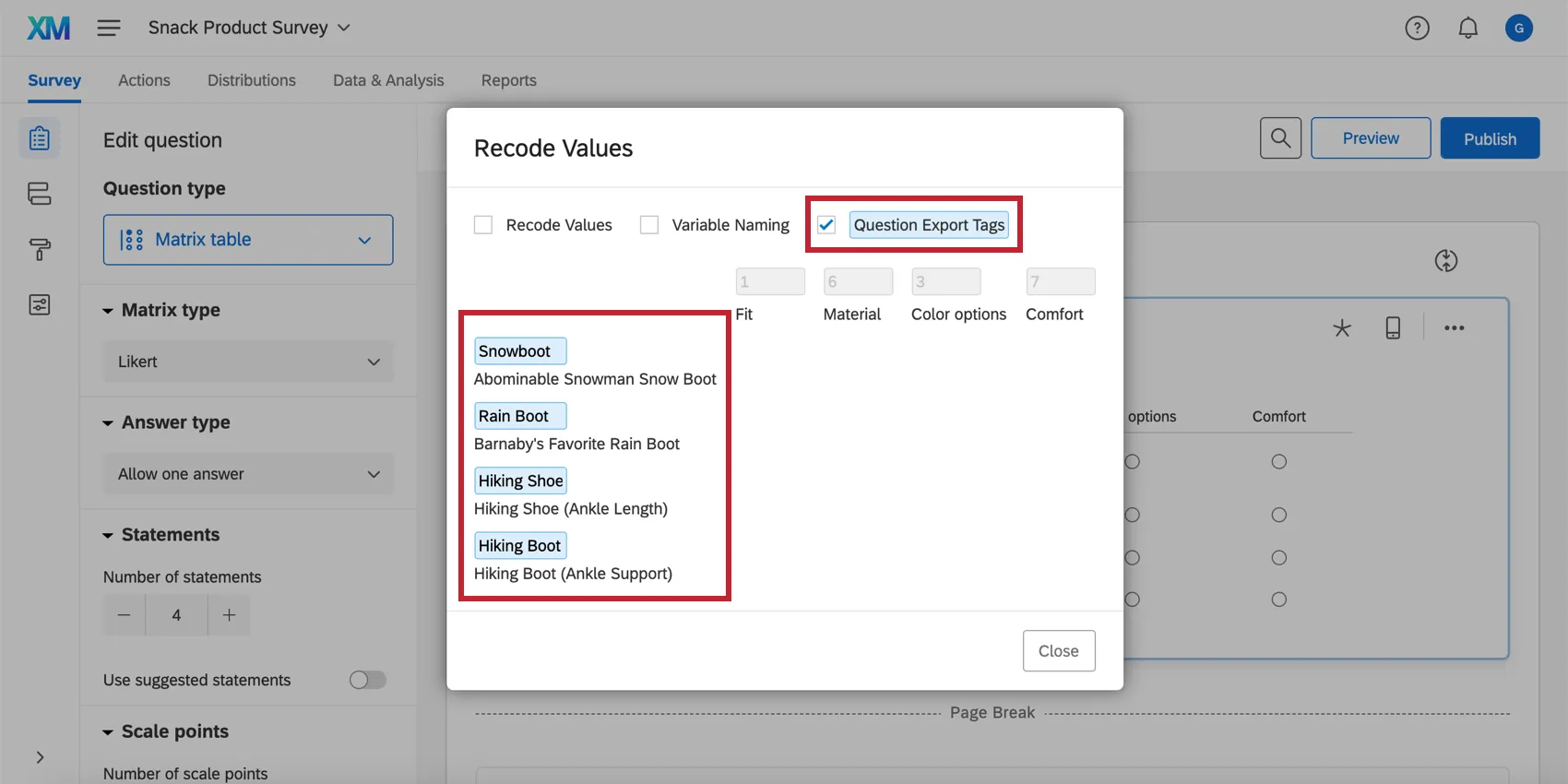 Question Export Tags in the recode values window