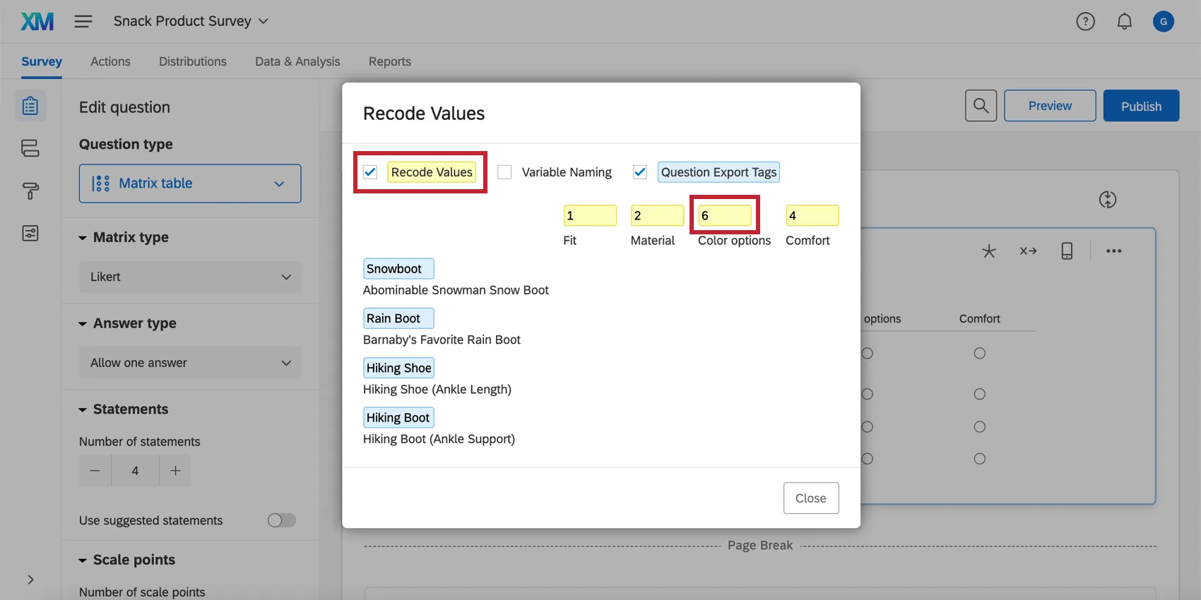 Recoding the values in a matrix table with the modified question export tags show