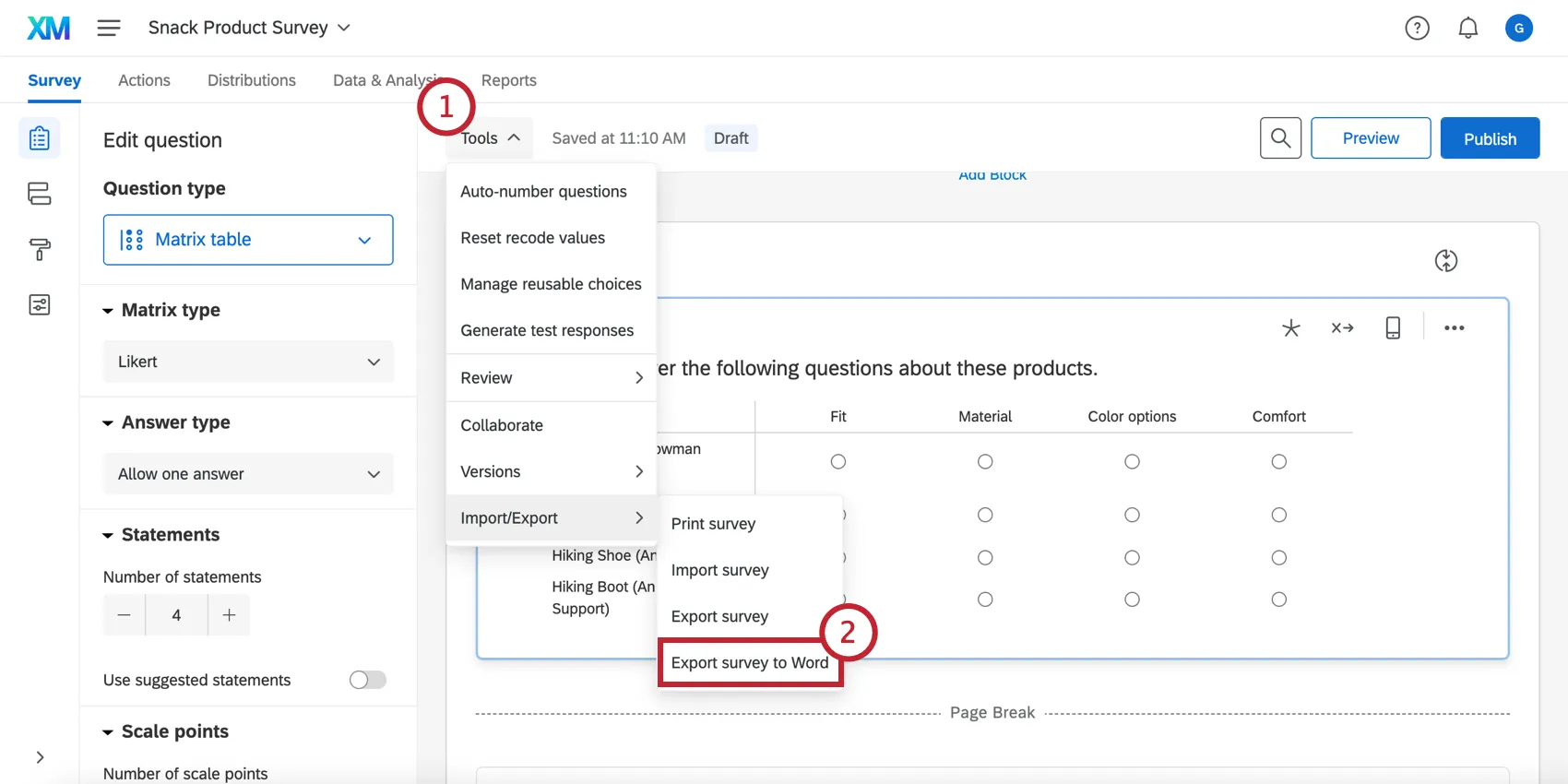 Exporting a survey to Word