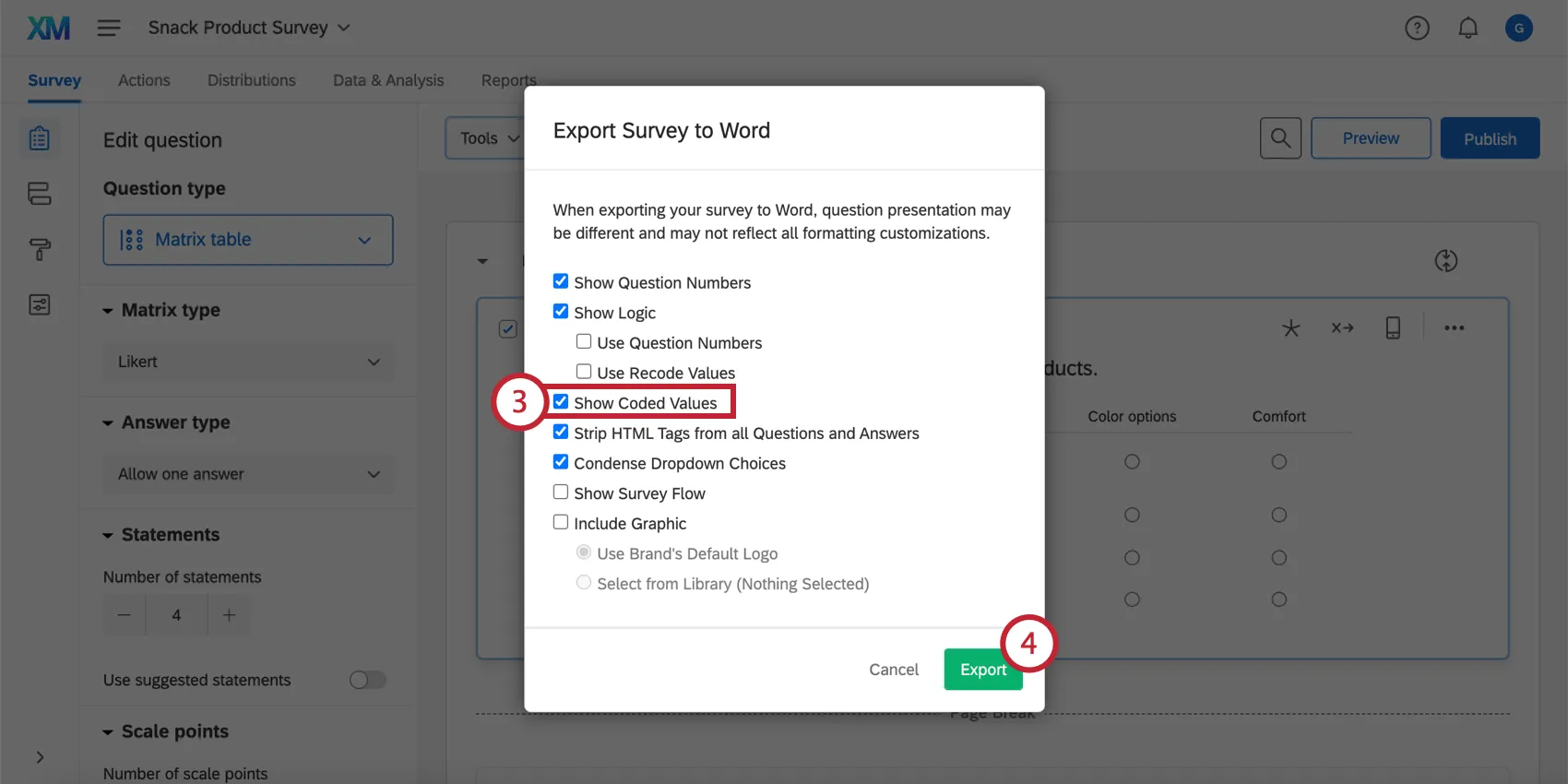 Exportação de valores codificados para o Word