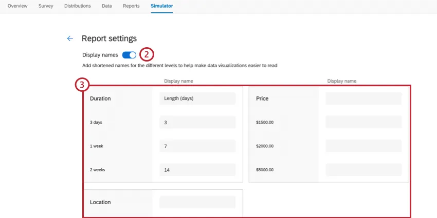 the report settings for a simulator report