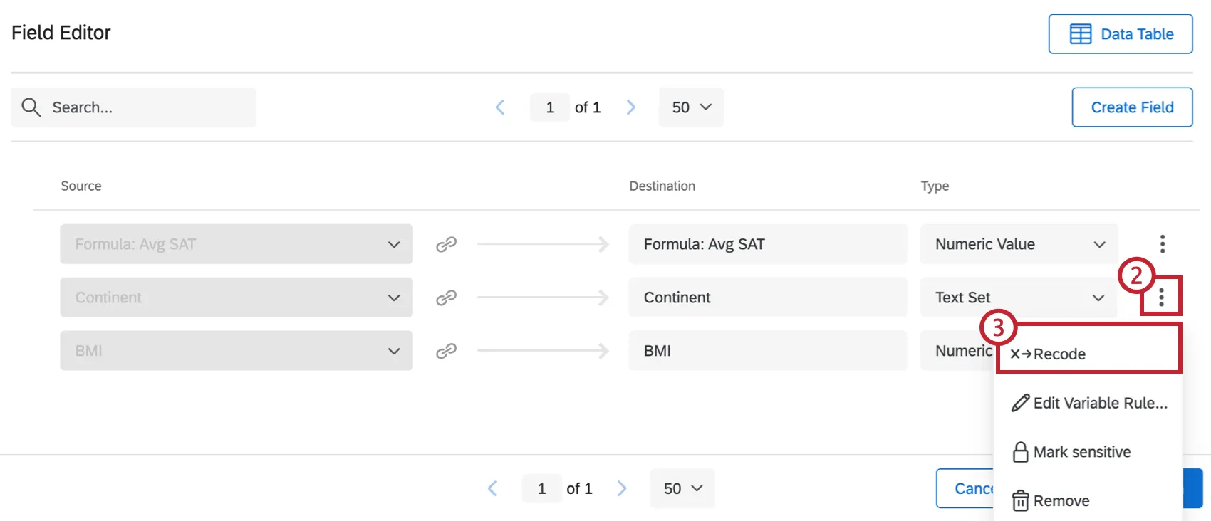 3 dots next to a text set field shows x Recode option