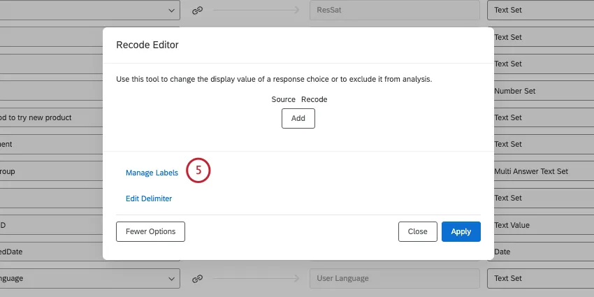 ［オプションを表示］により表示された［ラベルを管理］と［区切り文字を編集］