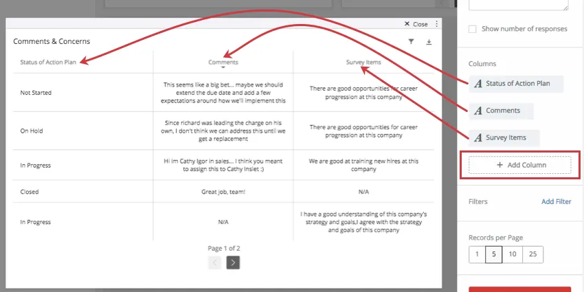 Columns button in editing pane to right. Arrows show selected columns correspond to column headers