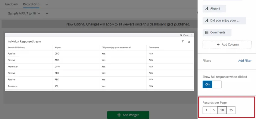 Records per Page section in righthand editing pane