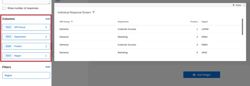 Configurazione delle colonne nel menu del widget.