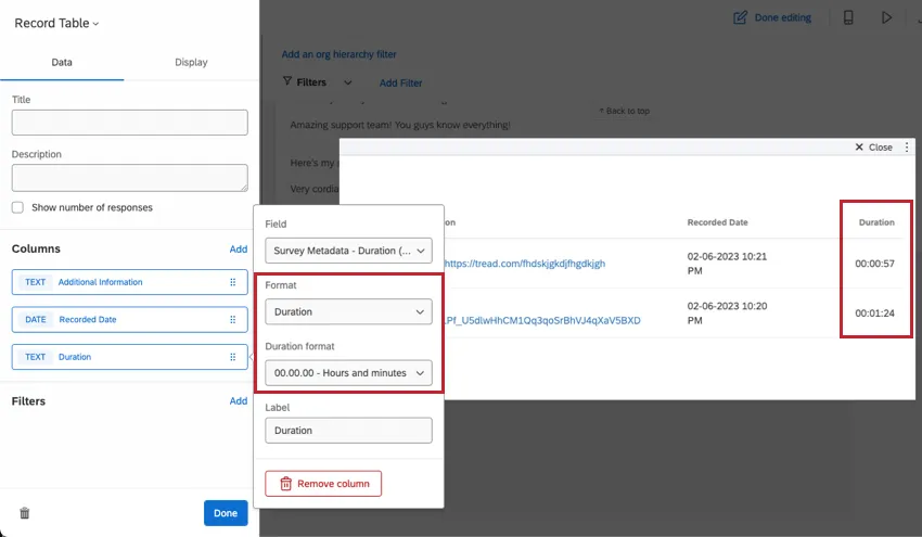 Coluna Duration selecionada no painel de edição widget. Veja a opção de formatação para duração definida como horas e minutos