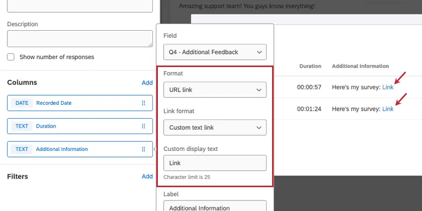 Additional information column selected, and format set to URL link. this makes more fields and dropdowns where the link can be formatted appear in the menu