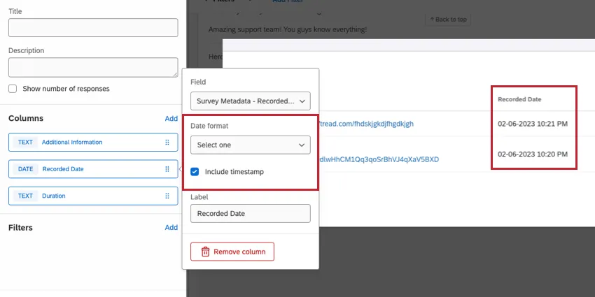 Recorded date column clicked, showing a menu where a date format can be set, including a timestamp