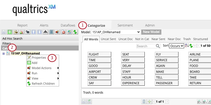 right clicking a category model and selecting properties