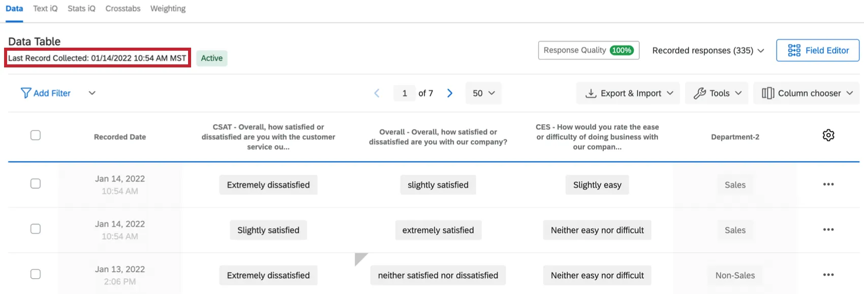 The dataset update frequency section is highlighted, showing how recently responses were collected and how active the dataset is