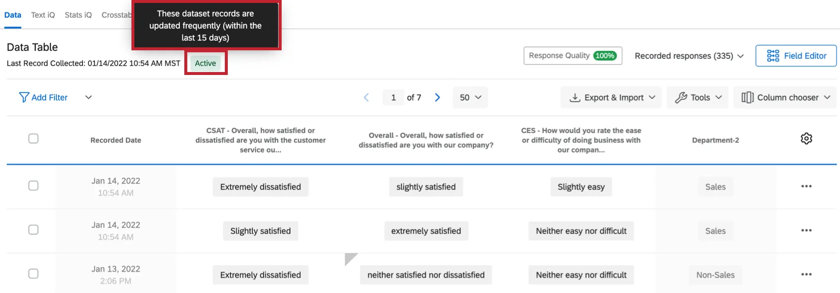 La información sobre herramientas aparece cuando pasa el cursor sobre el estado en los datos y el análisis.