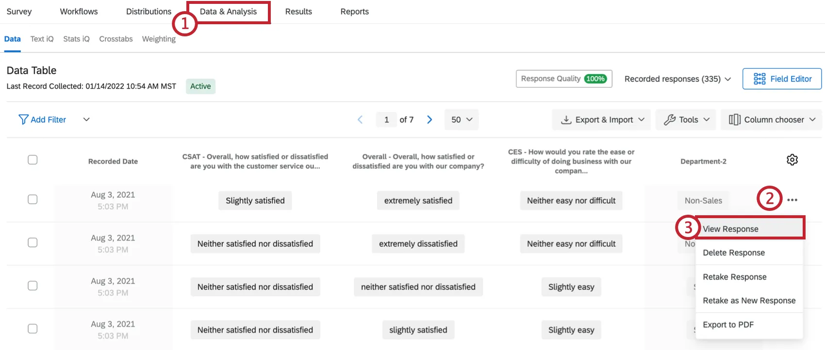 Dropdown to right of a response expanded, and view response is the first option in the resulting menu