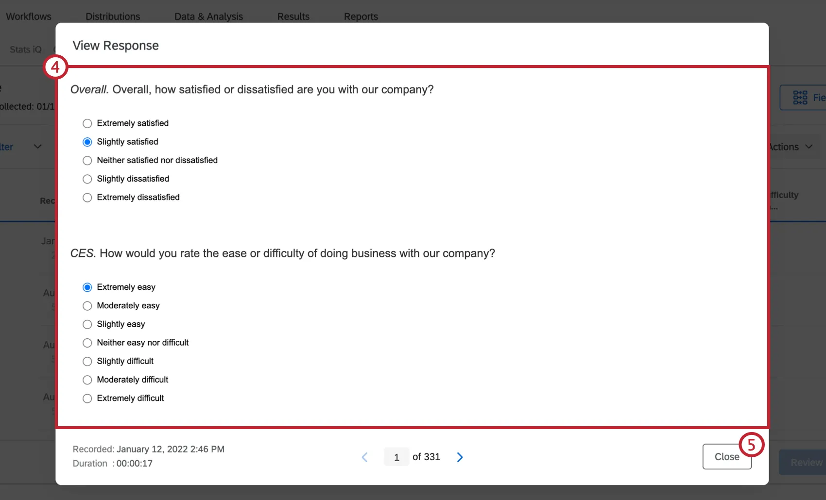 Uma resposta é aberta como uma nova janela na página de respostas registradas
