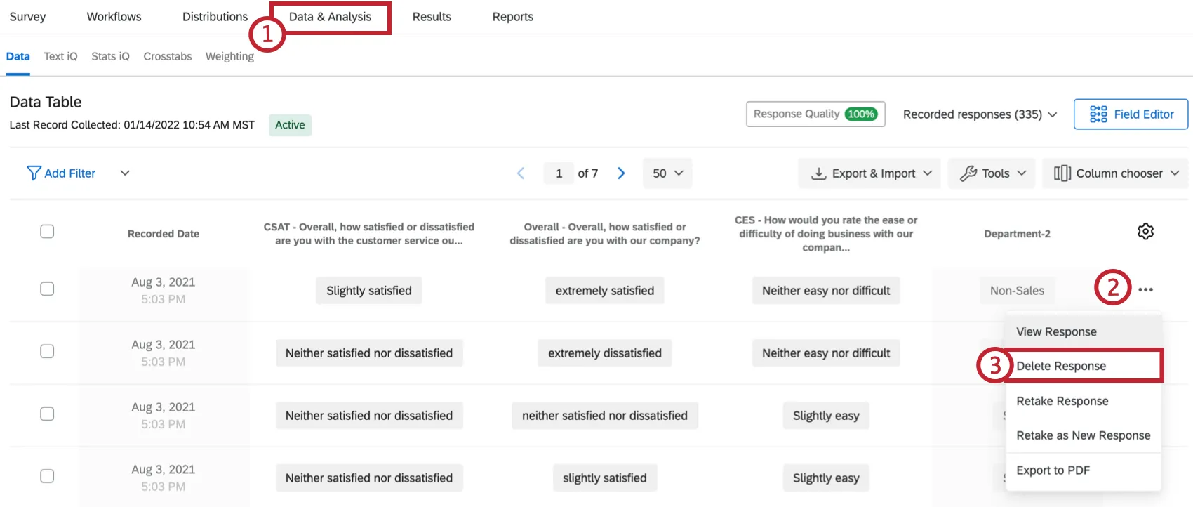 Verwenden des Dropdown-Felds auf dem Reiter „Daten und Analyse“ zum Löschen